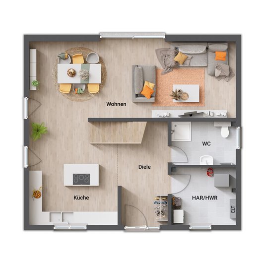 Flair 134 Erdgeschoss Grundrissvariante 2 mit offenem Wohnbereich Erdgeschoss des Flair 134 mit offenem, großzügigen Wohnbereich und eleganter Treppe.